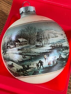 Vintage 1973 Currier & Ives Corning Glass Works Christmas Bulb Winter Scenes